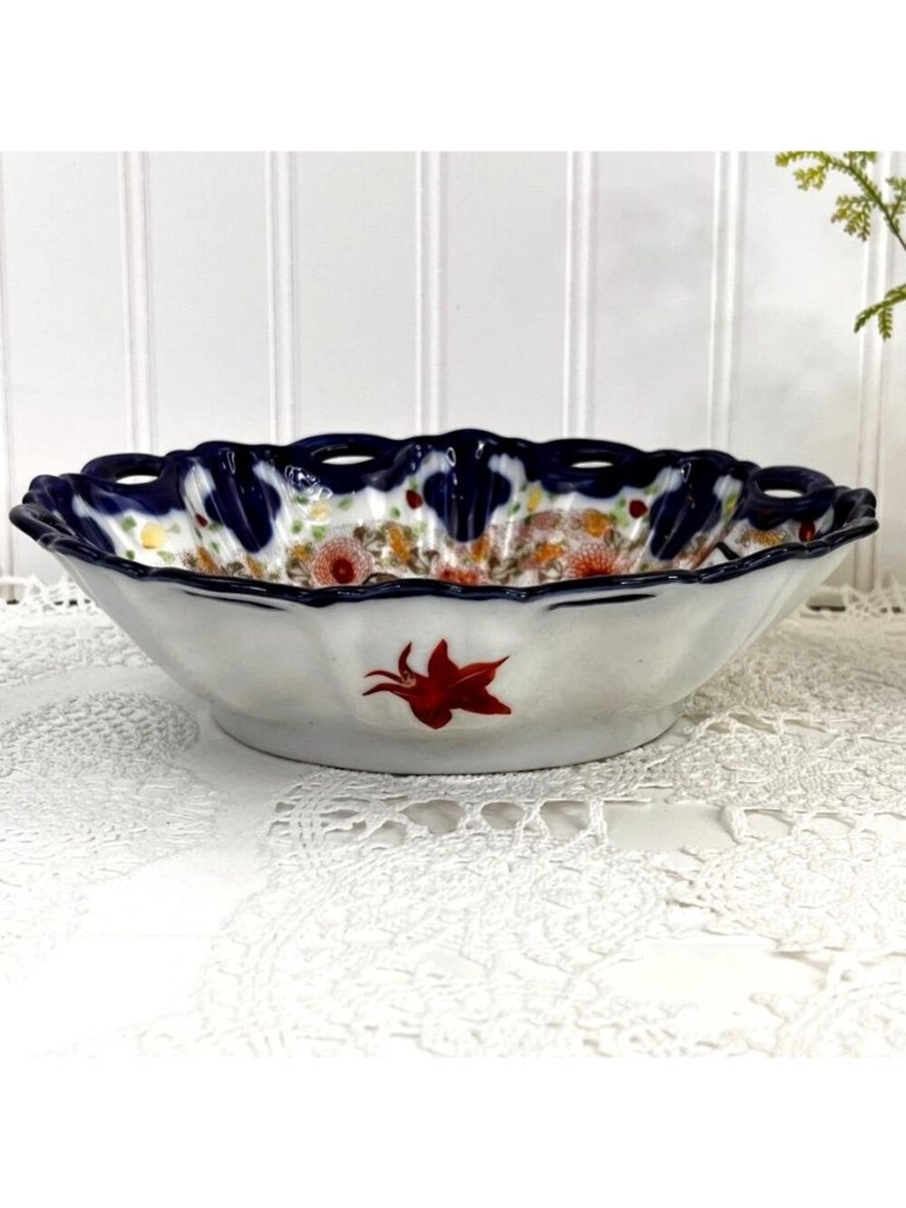 Vintage Japanese Geisha Girl Porcelain Bowl 10" Reticulated Pierced Blue Gold